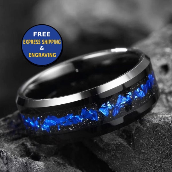 Galaxy Meteorite Blue Nebula Ring, Mens Wedding Band 8/6/4 mm Black Ceramic Ring, Polish, Comfort Fit, Birthday Anniversary Gift for Him/Her