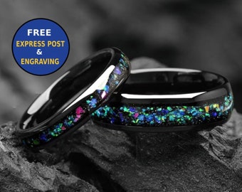 Galaxy Meteorite & Opal His and Hers Wedding Bands 4/6 mm - Tungsten and Alexandrite Promise/Engagement Rings for Couples -Matching Ring Set