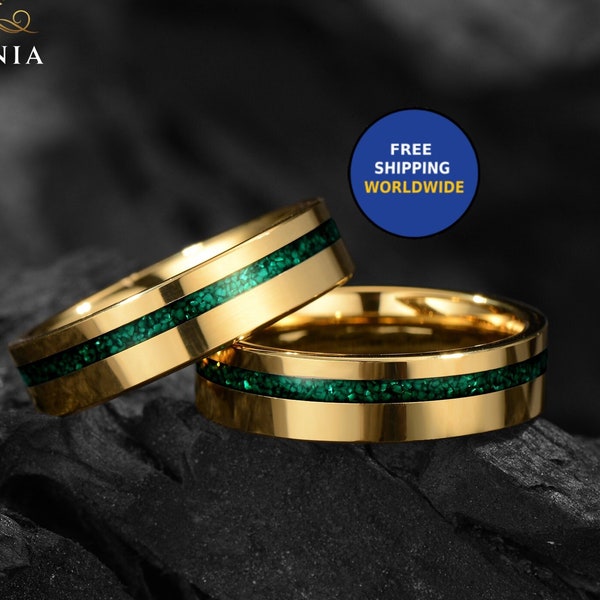 Sage - Malachite Ring, 14K Gold Plated - Tungsten Mens Wedding Band Unique - Engagement / Simple Promise Ring for Him - Anniversary gift