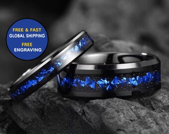 Galaxy Meteorite & Blue Nebula His and Hers Wedding Bands 4mm/ 8 mm Negro - Conjuntos de anillos de boda de tungsteno - Anillos de boda a juego para él y para ella