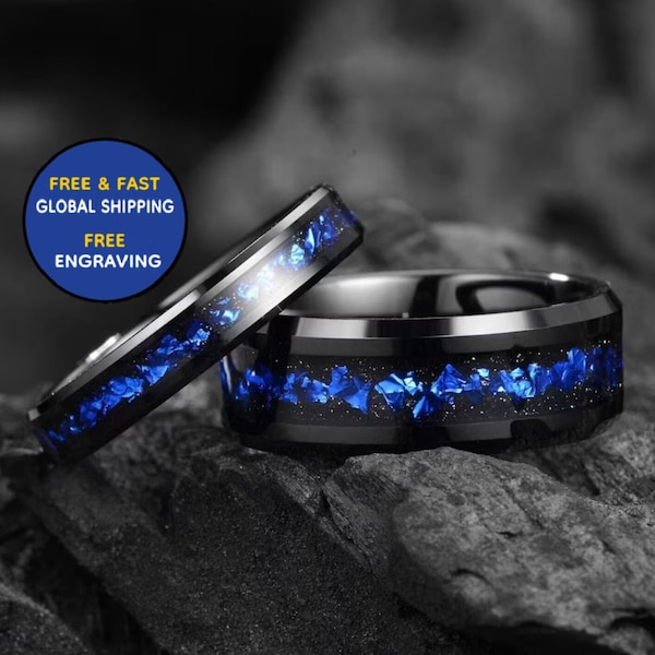 Galaxy Meteorite & Blue Nebula His and Hers Wedding Bands 4mm/ 8 mm Black - Tungsten Wedding Ring Sets - His and hers Matching Wedding Rings