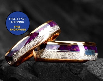 Meteorite & Purple Lapis Lazuli Ring Set -  His and Hers Matching Wedding Bands - Engagement / Promise Rings for Couples - Dome Couple rings