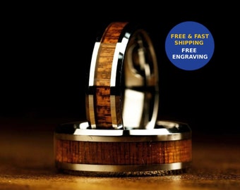 Whiskey Barrel Ring met houten inleg - 8/6 mm - Unieke heren/vrouwen wolfraam trouwring - belofte ring voor hem - verlovingsverjaardagscadeau