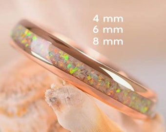 Weißer Feueropal Damen Herrenring, einzigartiger Trauring, Rosegold Wolfram Versprechensring für Sie / Ihn, Opal Verlobungsring, Comfort Fit, 4/6/8 mm