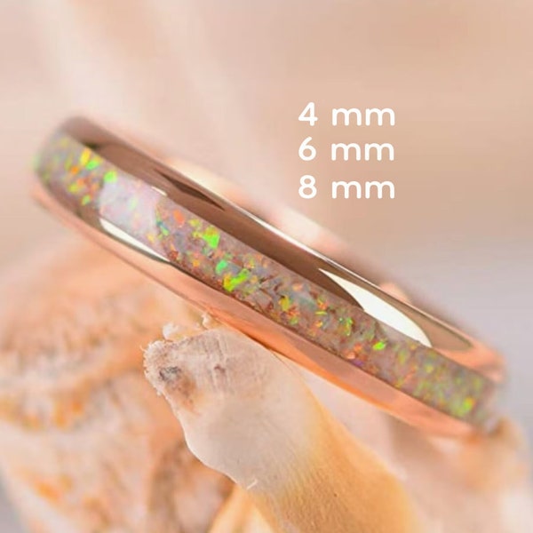 White Fire Opal Womens & Mens Unique Wedding Band , Rose Gold Tungsten Promise Ring for Him/Her, Opal Engagement Ring, Comfort Fit, 4/6/8 mm