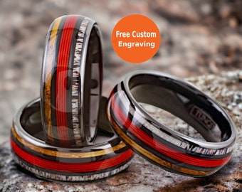 His and Hers Whiskey Barrel & Deer Antler Tungsten Wedding Band Set - Red Fishing Line Matching Couple Rings - Engagement/Anniversary Rings