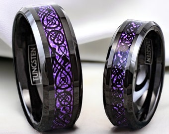 His and Hers Matching Tungsten Wedding Band Set Black Celtic & Purple Carbon Fiber - Promise Rings for Couples - Matching Couple Ring Set