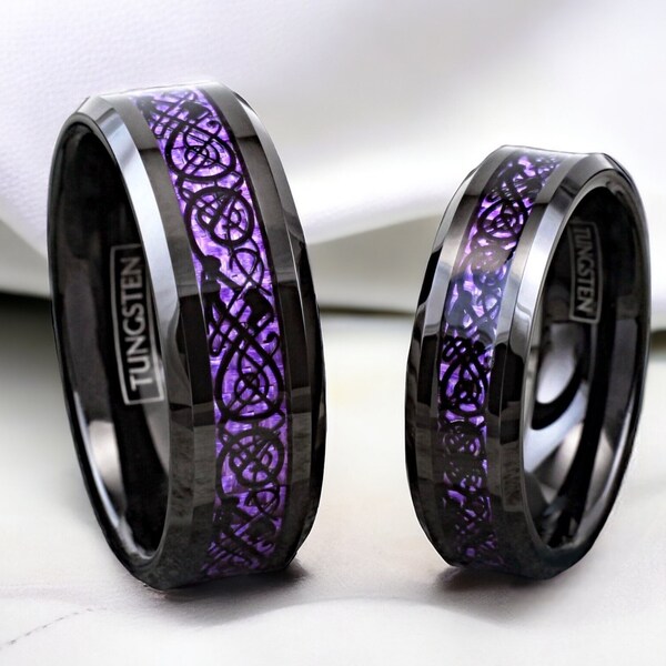 His and Hers Matching Tungsten Wedding Band Set Black Celtic & Purple Carbon Fiber - Promise Rings for Couples - Matching Couple Ring Set