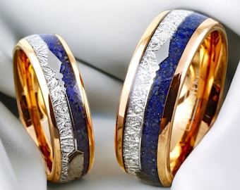 Meteorite  & Blue Lapis Lazuli Couple Rings – Matching Tungsten Wedding Band Set His and Hers - Dome Two Tone Promise Ring for Couples