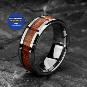 Whiskey Barrel Ring with Wood Inlay - 8 /6 mm - Unique Mens/Women Tungsten Wedding Band - Promise Ring for him - Engagement Anniversary Gift