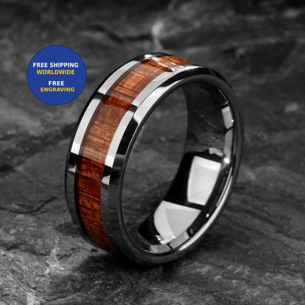 Whiskey Barrel Ring with Wood Inlay - 8 /6 mm - Unique Mens/Women Tungsten Wedding Band - Promise Ring for him - Engagement Anniversary Gift