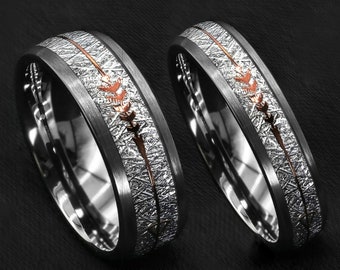 Meteorit Paar Ringe - Dome Paar Ring Silber - Versprechen Ringe für Paare - Zweifarbiger Pfeil Ring - Weibliche & Männliche Ringe - Coole Herren Ringe