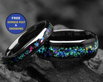 Meteorite Galaxy & Opal Black Wedding Ring Set His and Hers  - Alexandrite Ring - 4/8mm - Space Matching Couples Rings -Couple Wedding Bands