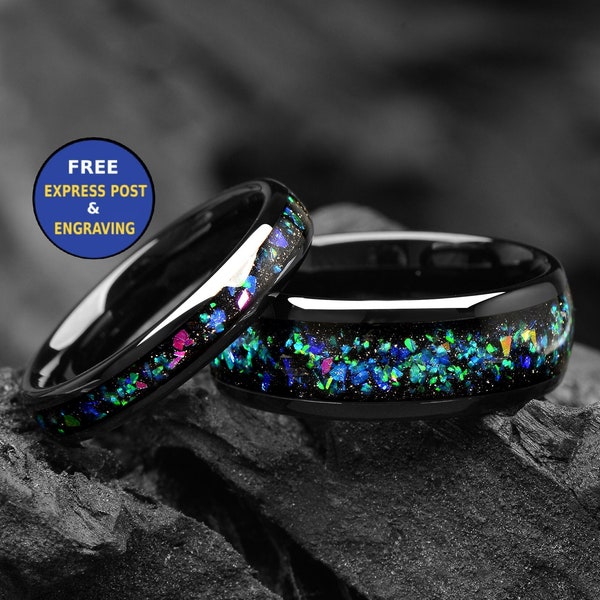 Meteorite Galaxy & Opal Black Wedding Ring Set His and Hers  - Alexandrite Ring - 4/8mm - Space Matching Couples Rings -Couple Wedding Bands