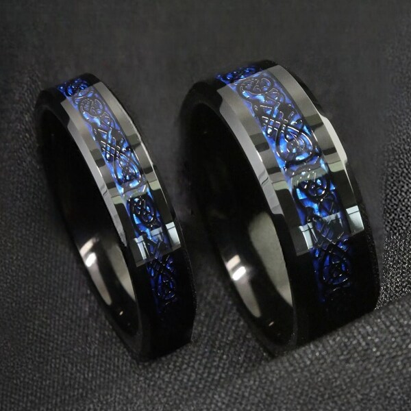 Dragon Celtic Carbon Fiber Tungsten Wedding Couple Rings Black & Blue - Matching Couples Rings Male / Female - Promise Rings for Couples