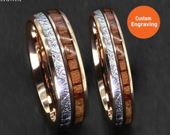 Meteorite & Koa Wood Inlays Tungsten Wedding Band Set His and Hers - Rose Gold - Couple Rings - 6/8mm - Male/Female Dome Ring Comfort Fit