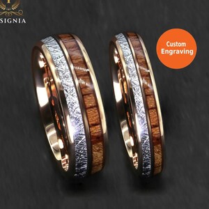 Meteorite & Koa Wood Inlays Tungsten Wedding Band Set His and Hers - Rose Gold - Couple Rings - 6/8mm - Male/Female Dome Ring Comfort Fit