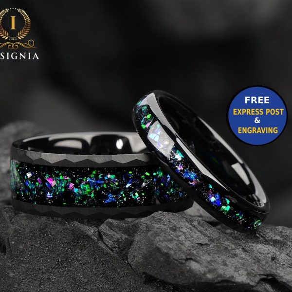 Galaxy Meteorite & Opal Wedding Ring Set His and Hers Black - Hammered Alexandrite Ring - 4/8 mm - Space Couples Rings - Opal Wedding Band