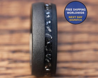 Meteorite Wedding Ring Tungsten - Black 8mm - Mens Wedding Band Unique - Promise Ring for him -Sandblasted Dome Brushed Ring men -Male Rings