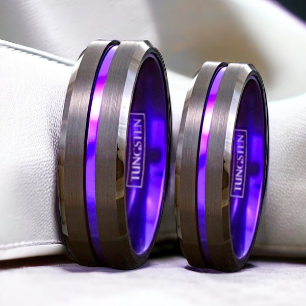 Alliance en tungstène, alliance noire pour homme, bague en tungstène noir, violet, bande de tungstène, bague en tungstène violet, bande de tungstène violet