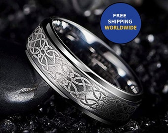 Celtic Ring Mens Wedding Band Irish Ring 8mm Celtic Wedding Band Tungsten Ring - Unique Mens Viking Wedding Bands Women Celtic Knot Ring