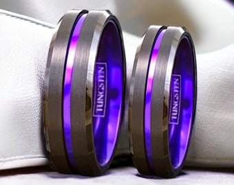 Alliance en tungstène, alliance noire pour homme, bague en tungstène noir, violet, bande de tungstène, bague en tungstène violet, bande de tungstène violet