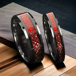 Dragon Celtic Carbon Fiber Tungsten Wedding Couple Rings 6/8 mm - Black & Red Couples Ring -Unique Mens Wedding band - Female/ Male Rings