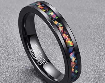 Black Fire Opal Womens Wedding Band , Rose Gold Tungsten Ring, Womens Ring, Wedding Band, Ring for her, Opal Wedding Ring, 4mm Comfort Fit