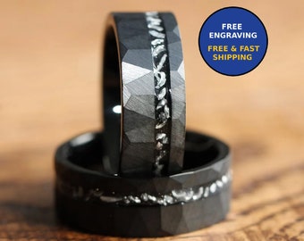 Meteorite Hammered Wedding Ring Men - Black 8mm - Promise Ring for Him - Mens Hammered Wedding Band Unique - Male Rings