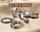 SET OF 6 -Silver Sun and moon ring , Sun Ring - Moon Ring -Stress Relieving Meditation Ring, Spinner Rings, Moon and star Anxiety Rings -