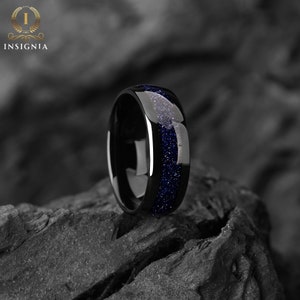 Galaxy Space Nebula His and Hers Couple Wedding Bands 4 & 8 mm Tungsten Blue Sandstone Promise Rings for Couples Dome Matching Ring Set 画像 3