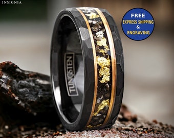 Hammered Meteorite & 24K Gold Leaf Ring Men Black 8/6 mm - Promise Ring for Him - Mens Hammered Wedding Band Unique -Brushed Custom Engraved