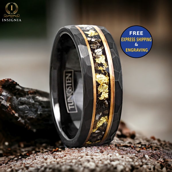 Hammered Meteorite & 24K Gold Leaf Ring Men Black 8/6 mm - Promise Ring for Him - Mens Hammered Wedding Band Unique -Brushed Custom Engraved