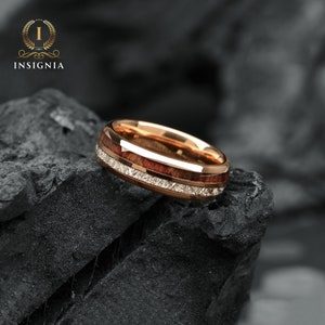 Meteorite & Koa Wood Wedding Band Set His and Hers WoodenCouple Rings 6/8mm Unique Promise Ring for Couples Redwood Arrow Dome Rings image 7