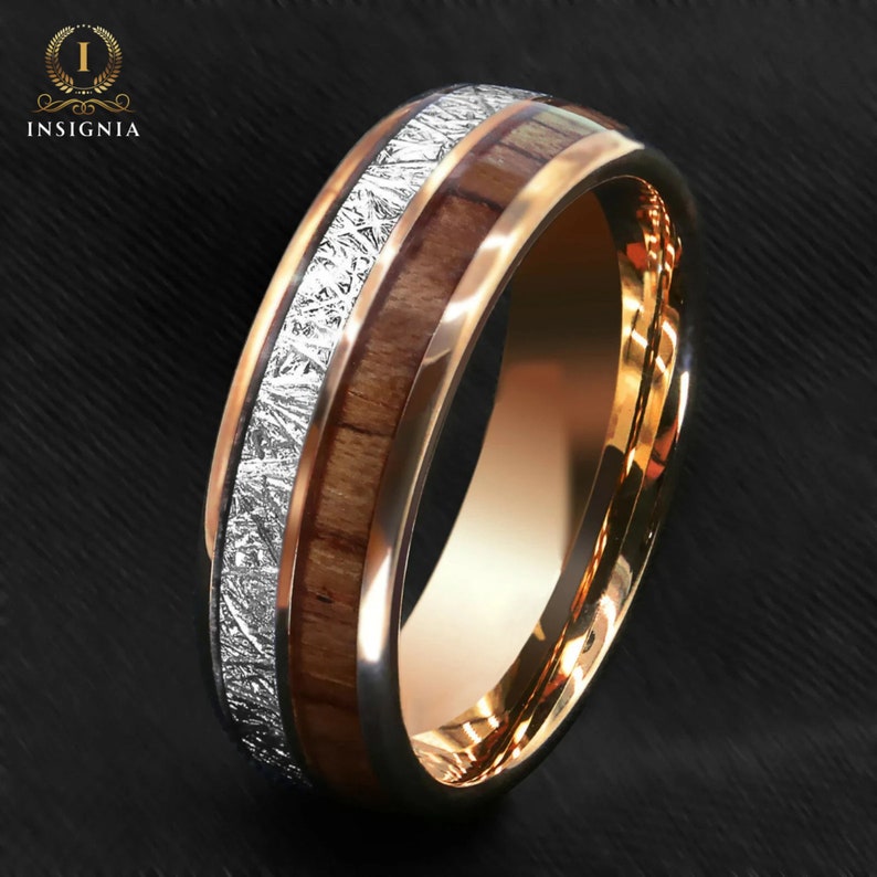 Meteorite & Koa Wood Inlays Tungsten Wedding Band Set His and Hers Rose Gold Couple Rings 6/8mm Male/Female Dome Ring Comfort Fit zdjęcie 3