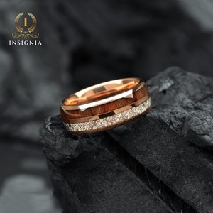 Meteorite & Koa Wood Wedding Band Set His and Hers WoodenCouple Rings 6/8mm Unique Promise Ring for Couples Redwood Arrow Dome Rings image 3