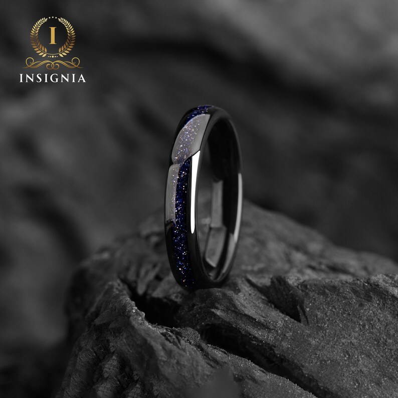 Galaxy Space Nebula His and Hers Couple Wedding Bands 4 & 8 mm Tungsten Blue Sandstone Promise Rings for Couples Dome Matching Ring Set 画像 6