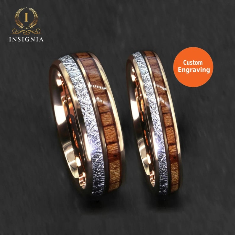 Meteorite & Koa Wood Inlays Tungsten Wedding Band Set His and Hers Rose Gold Couple Rings 6/8mm Male/Female Dome Ring Comfort Fit zdjęcie 1