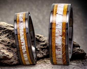 Deer Antler Whiskey Barrel Ring – Wooden Couples Nature Rings - Wedding Band Set his and hers , 6 / 8mm - Female / Male Wedding Band