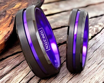 Schwarzer Wolfram Ring mit violettem Aluminium - Ehering Set für Sie und Ihn - Paarringe - Versprechensring für Paare - Flacher Mattring