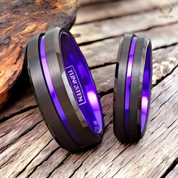 Black Tungsten Ring with Purple Aluminium - Wedding Band Set His and Hers - Couple Rings - Promise Ring for Couples -  Flat Matte Brushed