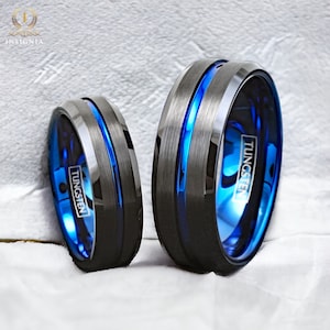 His and Hers Wedding Bands Set Black With Blue Groove - Tungsten Matching Wedding Ring Sets - Promise Rings for Couples -Couple Wedding Band