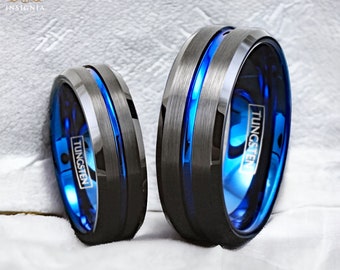 His and Hers Wedding Bands Set Black With Blue Groove - Tungsten Matching Wedding Ring Sets - Promise Rings for Couples -Couple Wedding Band