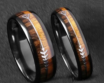 Wooden Whiskey Barrel Wedding Couple Rings Black 6/8 mm- His and Hers Wedding Bands Set -  Promise Ring for Couples - Dome Arrow Wood Rings