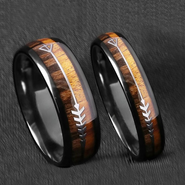 Wooden Whiskey Barrel Wedding Couple Rings Black 6/8 mm- His and Hers Wedding Bands Set -  Promise Ring for Couples - Dome Arrow Wood Rings