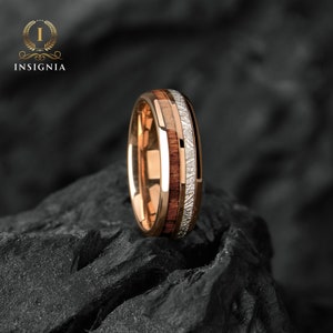 Meteorite & Koa Wood Wedding Band Set His and Hers WoodenCouple Rings 6/8mm Unique Promise Ring for Couples Redwood Arrow Dome Rings image 6