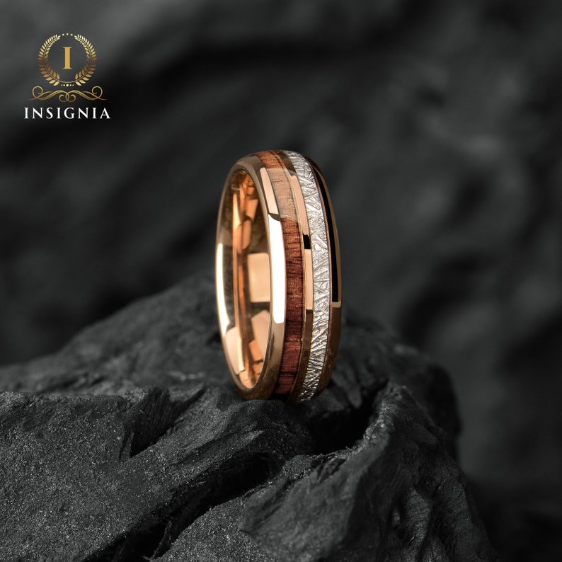 Meteorite & Koa Wood Wedding Band Set His and Hers WoodenCouple Rings 6/8mm Unique Promise Ring for Couples Redwood Arrow Dome Rings image 6