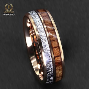 Meteorite & Koa Wood Inlays Tungsten Wedding Band Set His and Hers Rose Gold Couple Rings 6/8mm Male/Female Dome Ring Comfort Fit zdjęcie 2