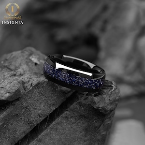 Galaxy Space Nebula His and Hers Couple Wedding Bands 4 & 8 mm Tungsten Blue Sandstone Promise Rings for Couples Dome Matching Ring Set 画像 4