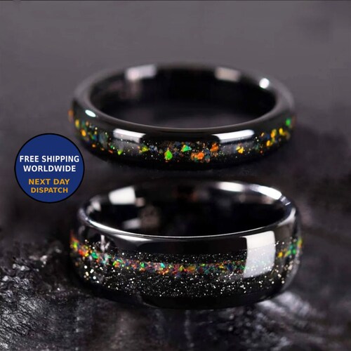 His and Hers White Fire Opal Wedding Band Set Black Ceramic Etsy